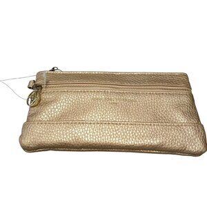 Adrienne Vittadini Gold Faux Pebbled Leather Wallet Clutch Zip Closure Logo NEW